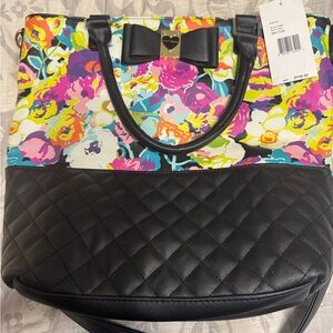 Betsey Johnson Black Quilted Tote with Floral Accents
